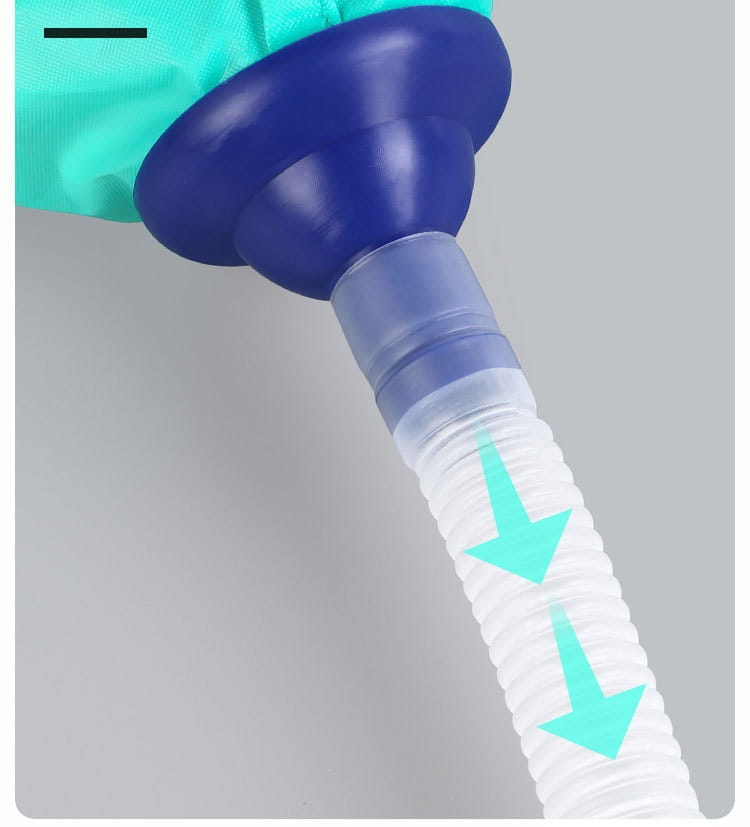 blue plastic suction bulb with a clear ribbed tube and teal directional arrows designed for use in an air conditioner waterproof cover cleaning tools suit.