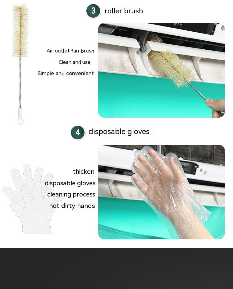 a slender light beige bristle roller brush with a metallic handle and white plastic grip for use in an air conditioner waterproof cover cleaning tools suit