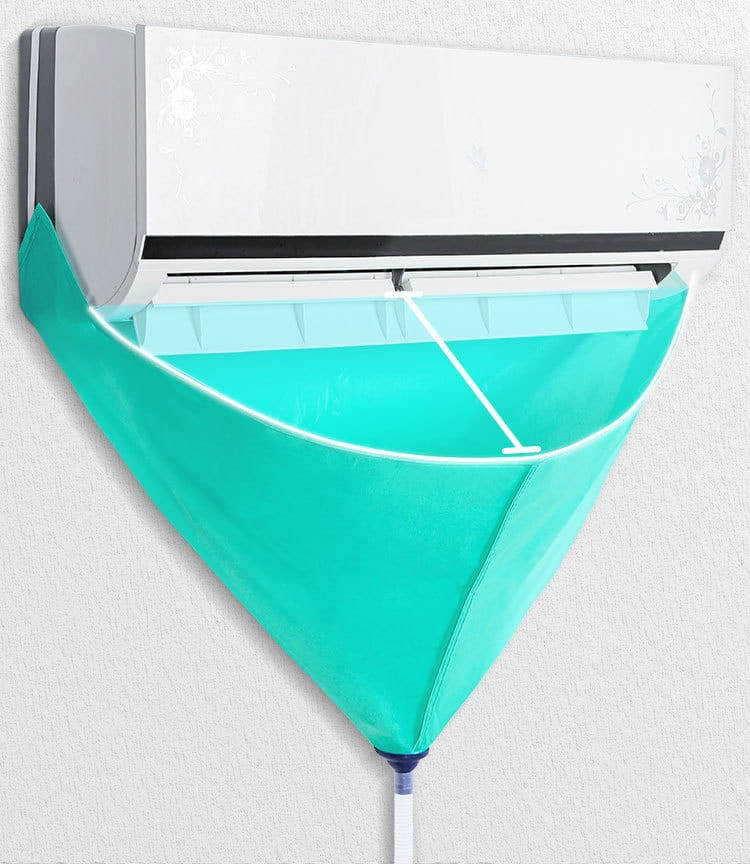 teal-colored air conditioner waterproof cover made of durable material designed as a cleaning tools suit for wall-mounted units.
