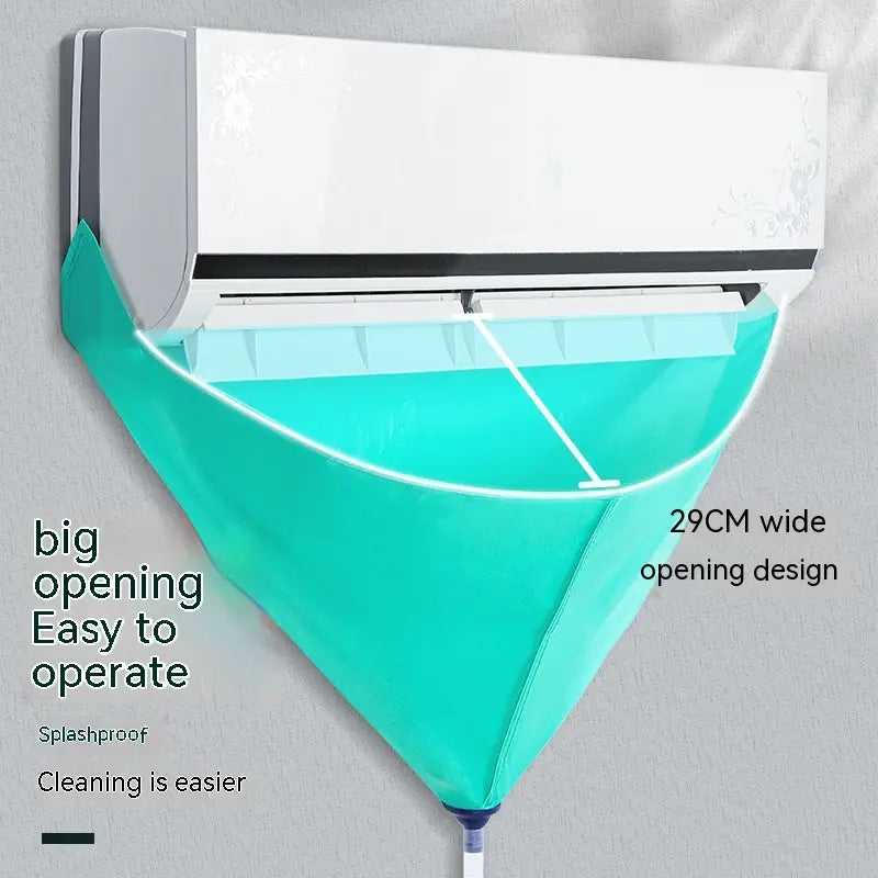 Teal plastic air conditioner waterproof cover designed as a cleaning tools suit to fit over an air conditioner unit.