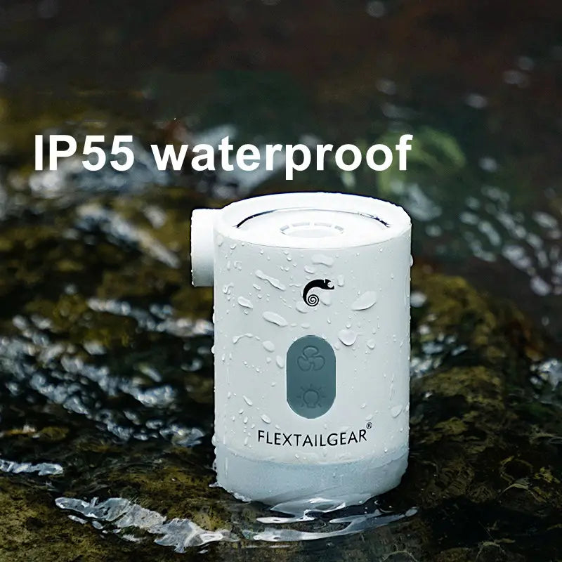 Outdoor Products P2 Pro portable mini camping air purifier in white with gray accent panel and flextailgear logo designed for outdoor use.