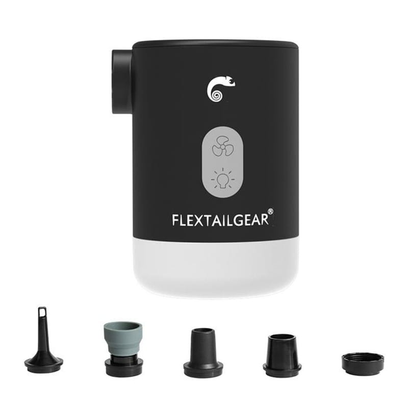 Black and white cylindrical pro portable mini air purifier pump with a chameleon logo by flextailgear designed for portable mini camping use in products p2 pro series.