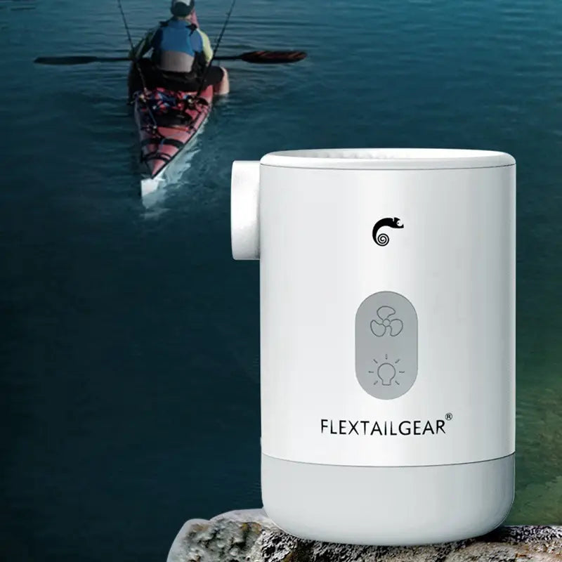 white cylindrical flextailgear pro portable mini camping air purifier products p2 pro with a sleek modern design and subtle gray control panel featuring fan and light icons
