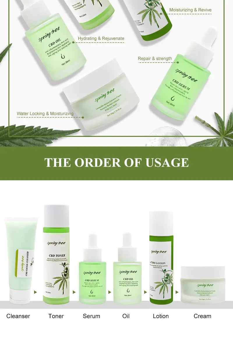 green and white spring tree cbd brightening moisturising skincare set featuring bottles tubes and jars with minimalist labeling and cannabis leaf designs