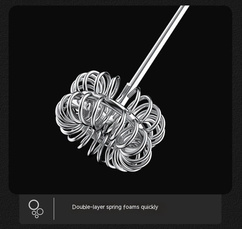 Silver double-layer spring whisk for quickly foaming ingredients in the green handheld battery version milk frother