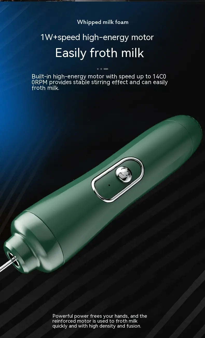 Green handheld battery version milk frother with a sleek ergonomic design and silver accent button for efficient milk frothing.