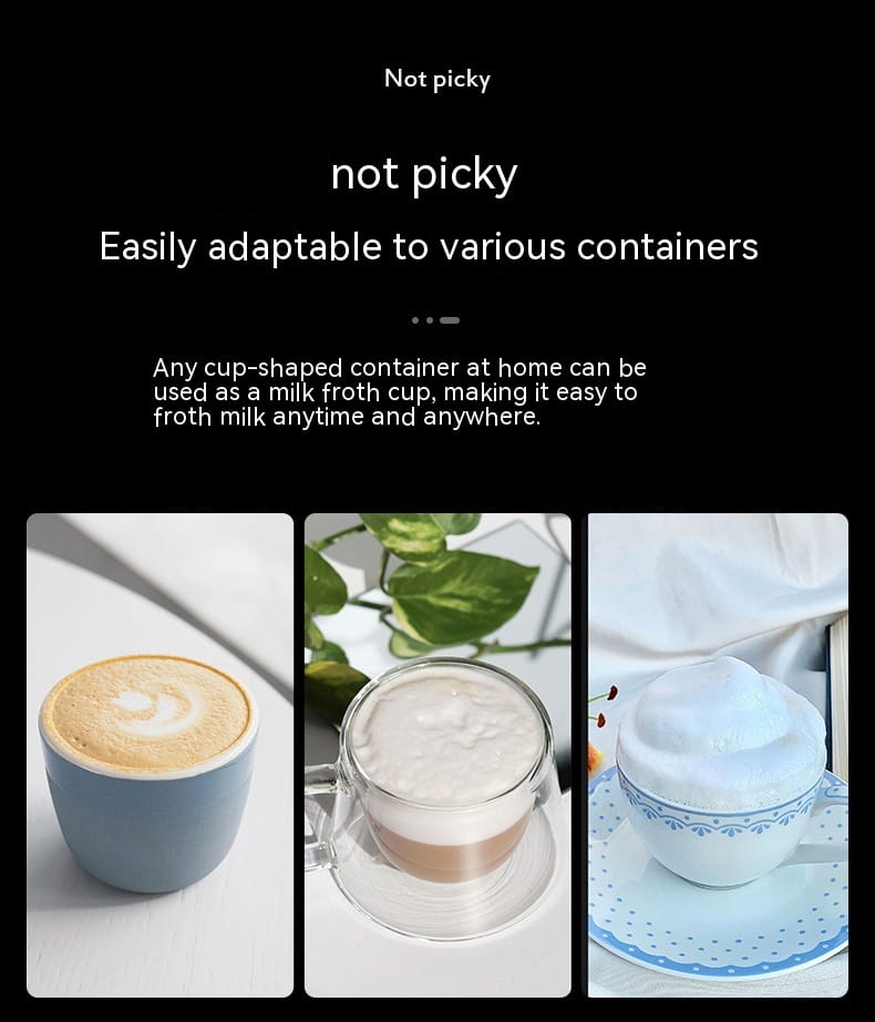 A sleek green handheld battery version milk frother with a minimalist milk froth cup attachment designed for easy adaptation to any cup-shaped container at home.