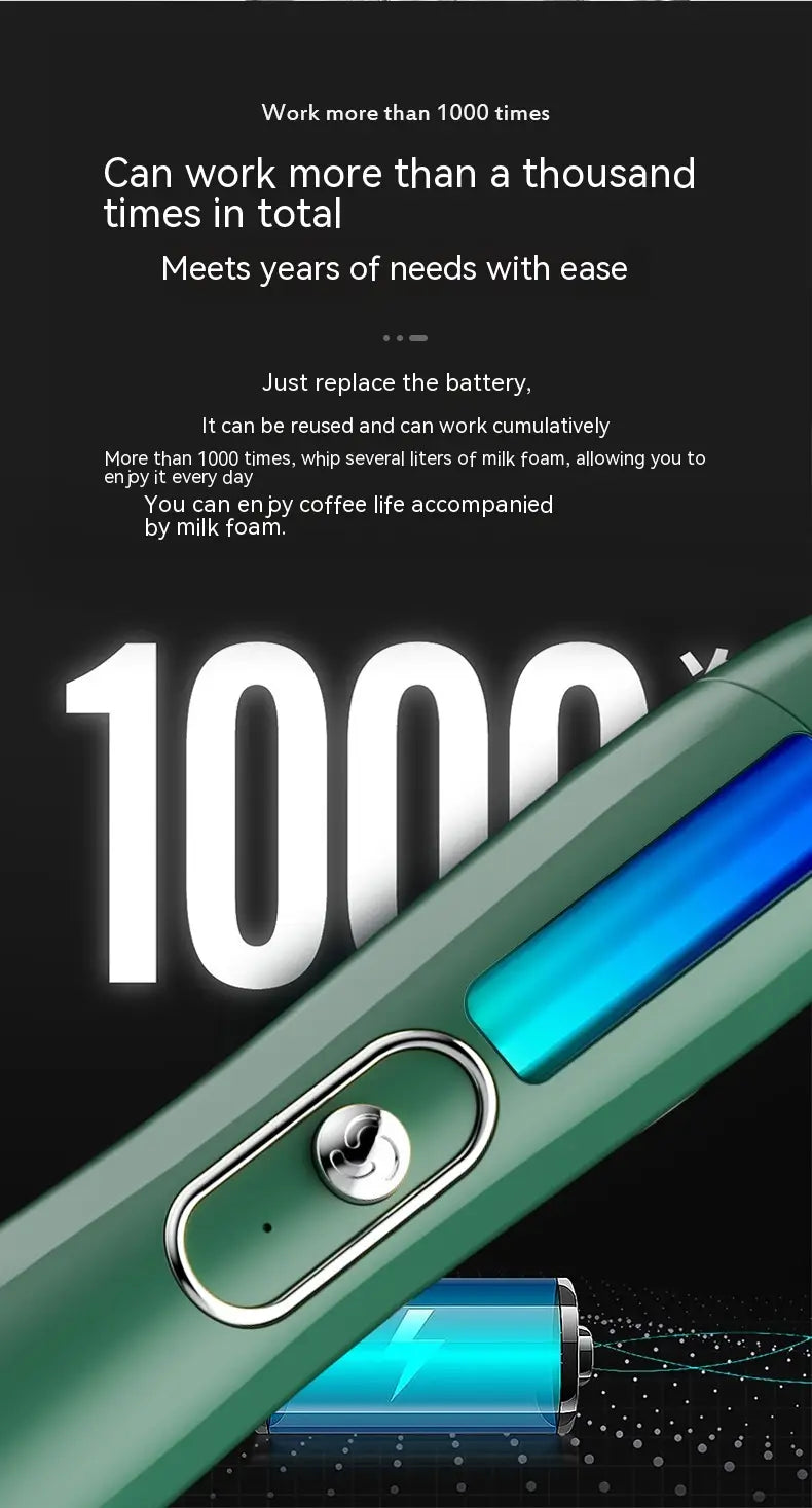 Green handheld battery version milk frother with a sleek modern design and blue illuminated accents for efficient frothing.