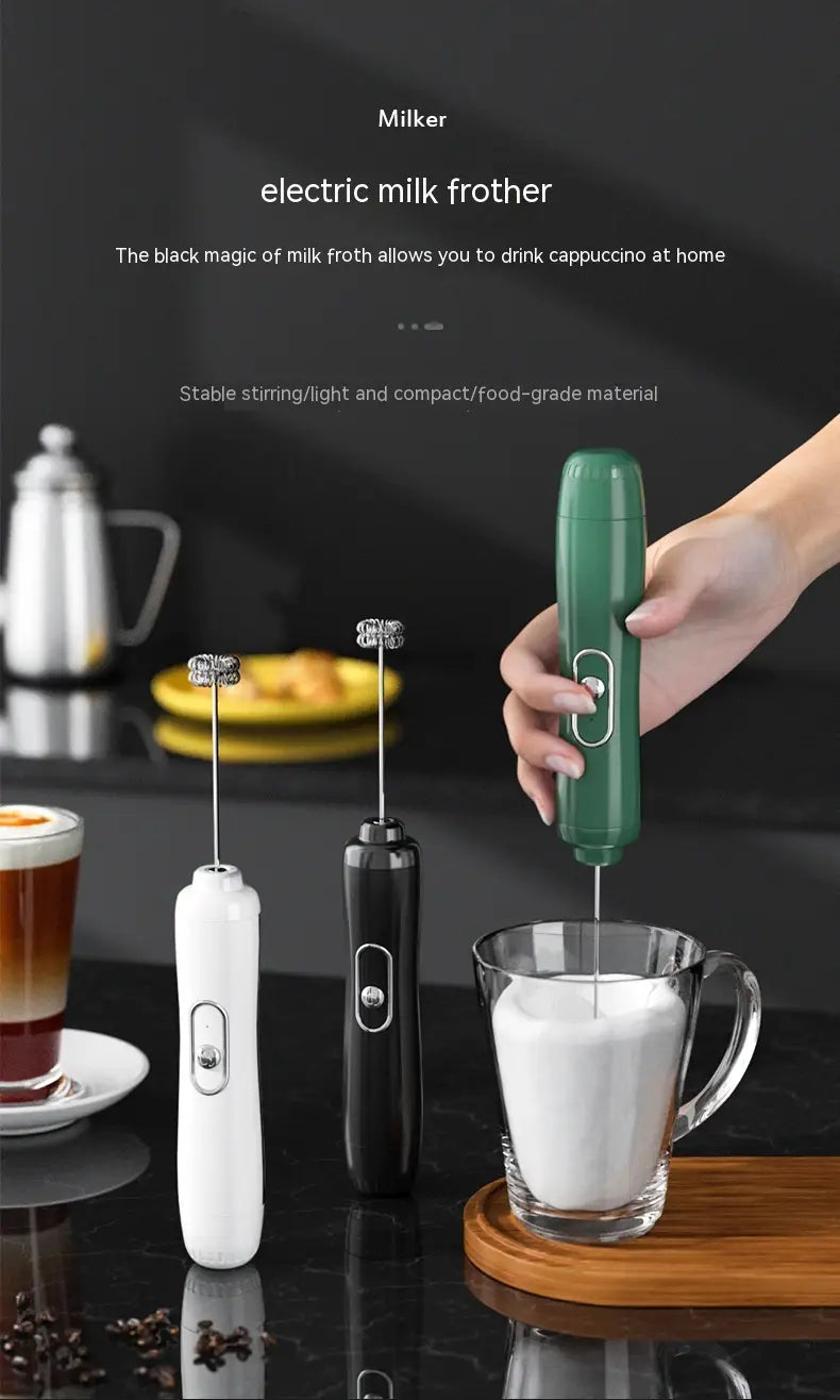 green handheld battery version milk frother with a sleek ergonomic design and single-button control for easy use
