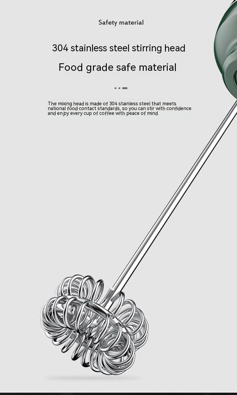 Silver 304 stainless steel coffee stirrer with a coiled spiral-shaped mixing head for the green handheld battery version milk frother.