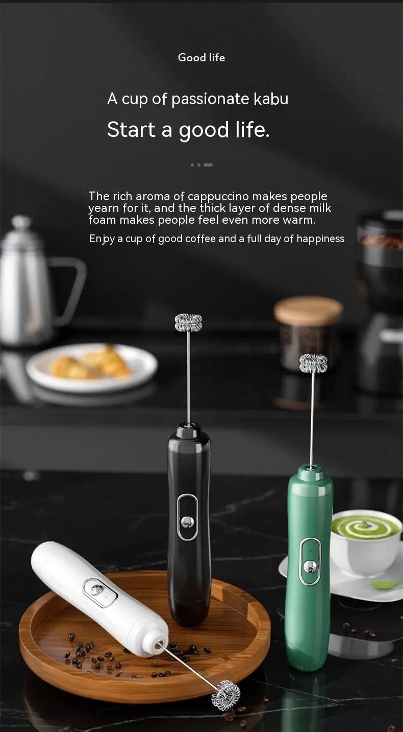 three handheld electric milk frothers in white black and green with metallic whisk attachments featuring a battery version milk for convenient frothing.