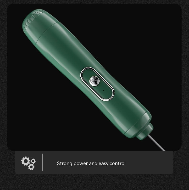 Green handheld battery version milk frother with a sleek glossy finish and a silver accent button designed for efficient milk frothing.