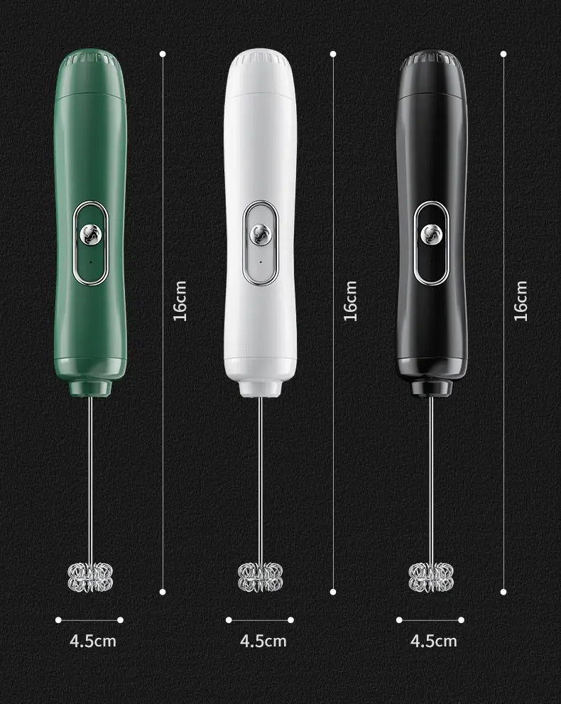 three handheld battery version milk frothers in green white and black with silver metallic accents for frothing milk efficiently