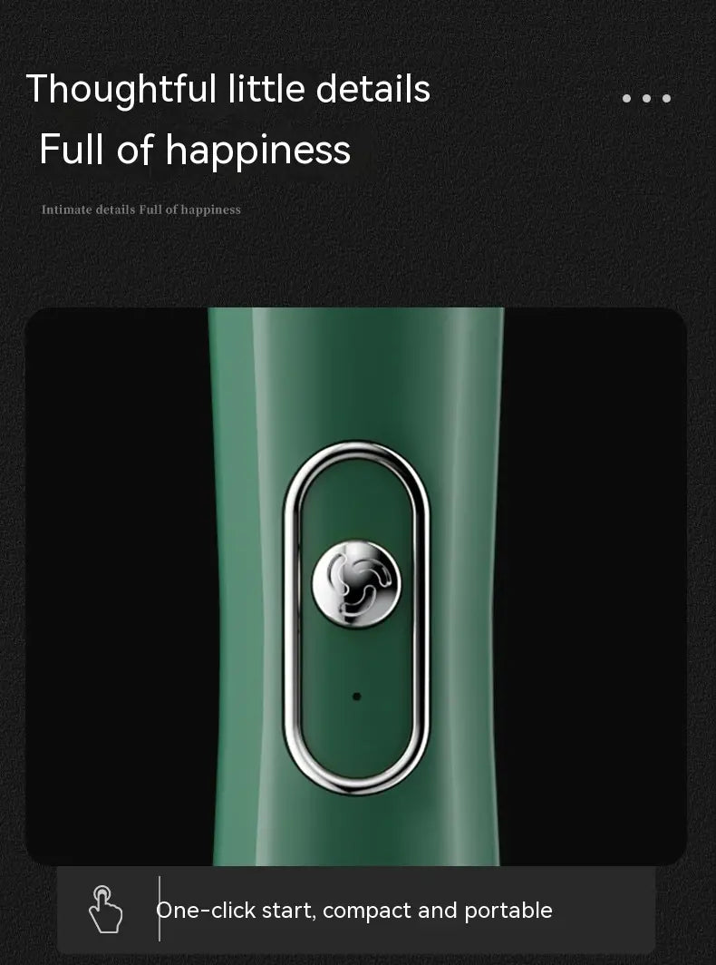 teal-colored sleek handheld green battery version milk frother with silver oval button and circular logo for efficient milk frothing
