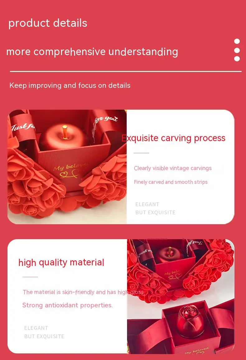 red rose-shaped gift box with a carved apple candle inside showcasing a crystal pendant necklace as an elegant gift box set