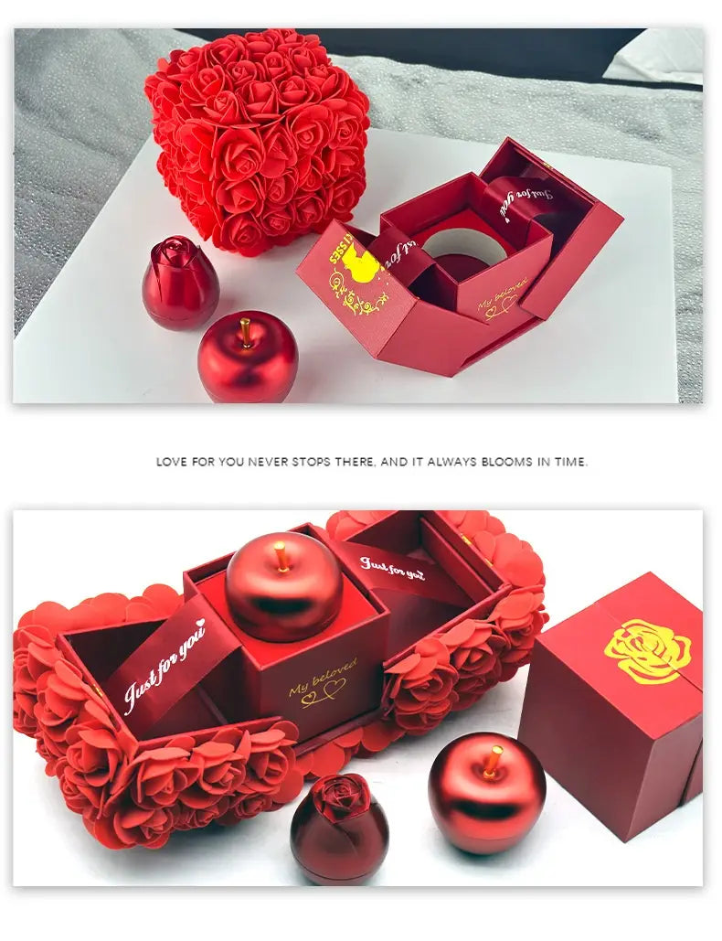 Red rose-themed gift box set featuring a crystal pendant necklace with glossy apple-shaped ornaments and a spherical floral arrangement.
