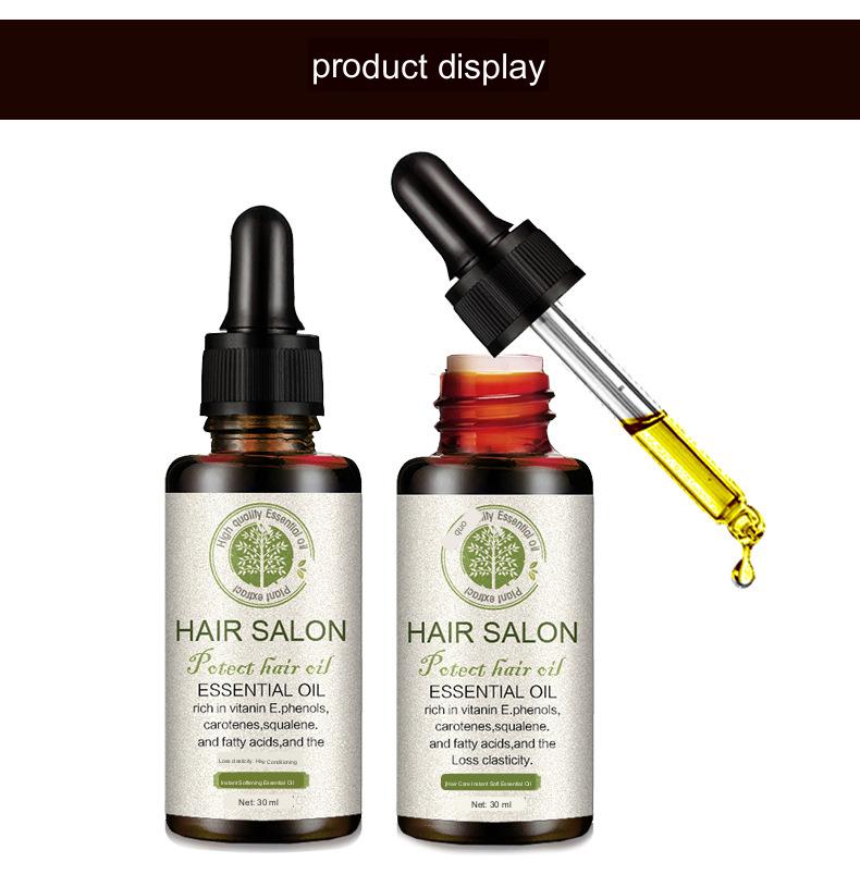 two amber glass bottles of vitamin e rich hair care essential oil with black dropper caps and white labels featuring green botanical design for hair care essential use