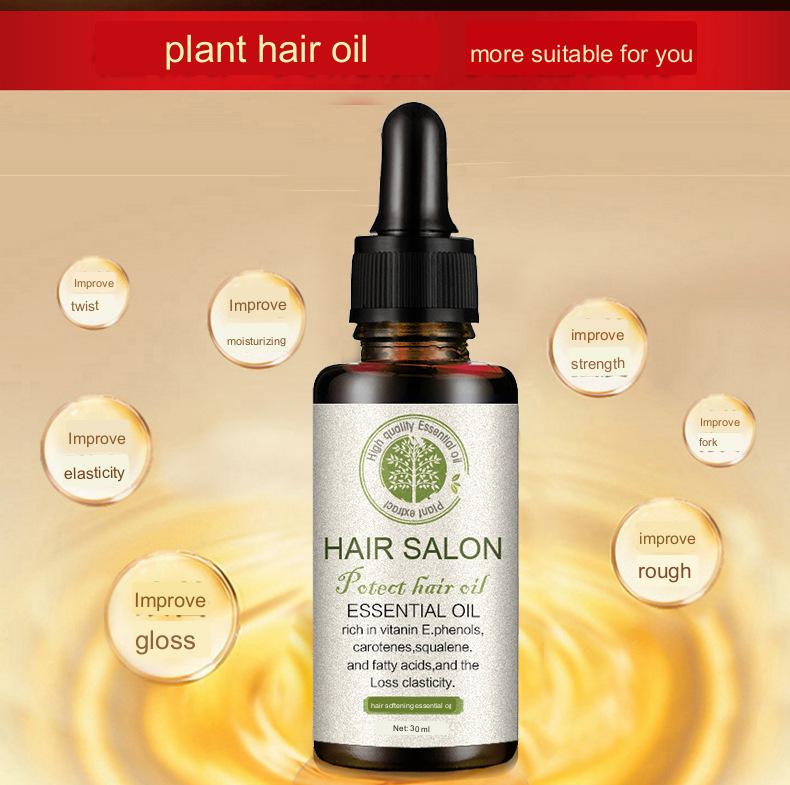 A sleek dark glass bottle with a black dropper cap and silver label featuring the hair salon brand name contains vitamin e rich hair care essential oil for hair care essential use.