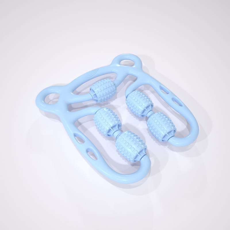 Light blue plastic u shape trigger point massage roller with four textured segmented wheels and ergonomic handles for effective point massage.