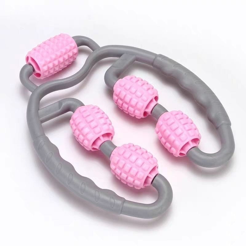 U shape trigger point massage roller with four pink and gray silicone textured rounded spheres for targeted trigger point massage.