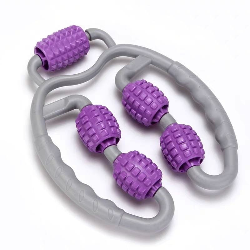 U shape trigger point massage roller with four purple and gray textured grid-patterned wheels designed for ergonomic muscle relief.