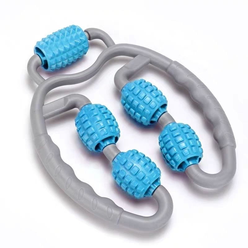 gray and blue silicone u shape trigger point massage roller with four textured segmented wheels for effective muscle relief