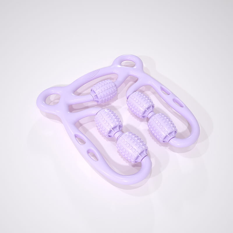 lavender-colored plastic u shape trigger point massage roller with four textured segmented wheels and ergonomic handles designed for effective trigger point massage.