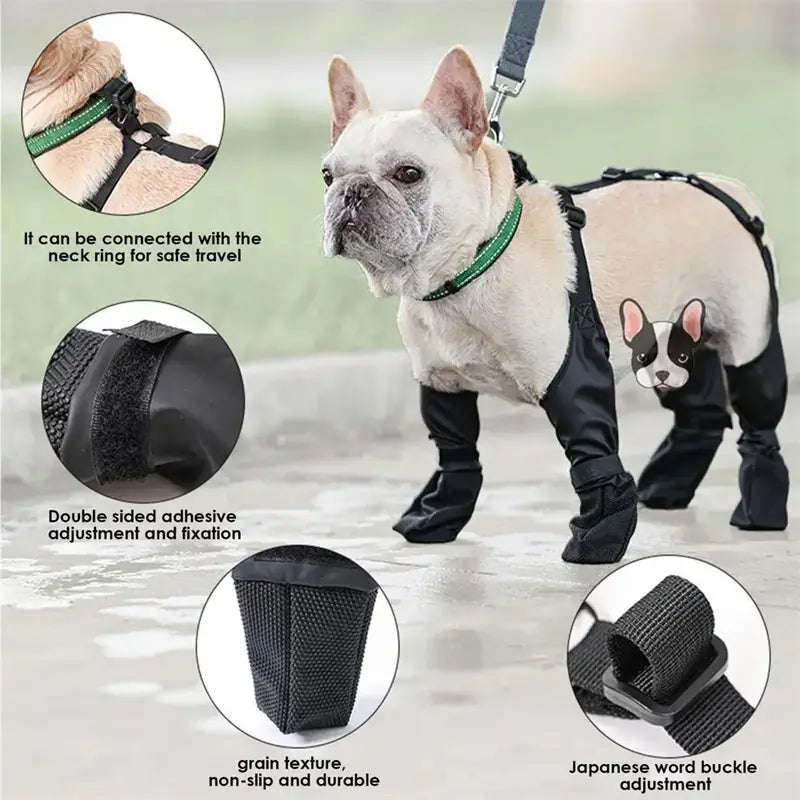 black waterproof adjustable dog shoes featuring green trim and adjustable straps for secure fit and protection