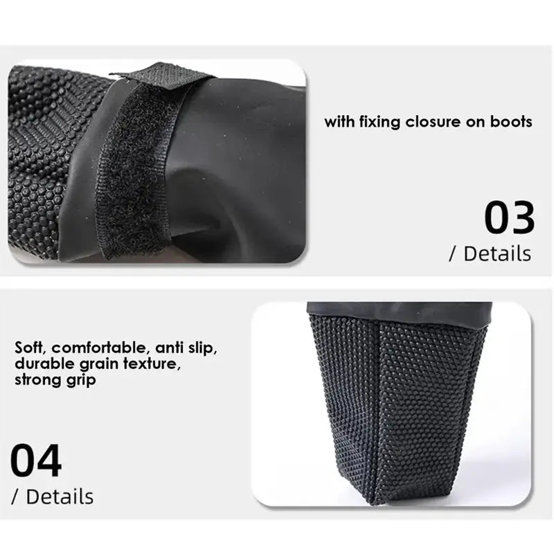 black mesh boot strap with velcro closure on the back side of adjustable black waterproof dog shoes