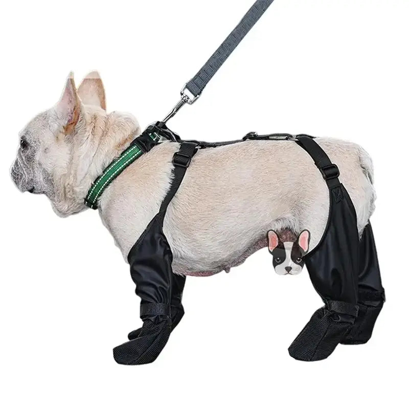 black waterproof adjustable dog shoes featuring dog shoes with a cartoon french bulldog face on the side and adjustable straps for secure fit.