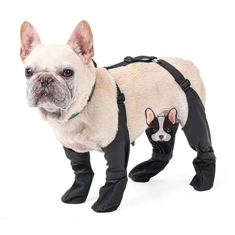 black waterproof adjustable dog shoes featuring a cartoon French bulldog face on the side designed as adjustable dog booties