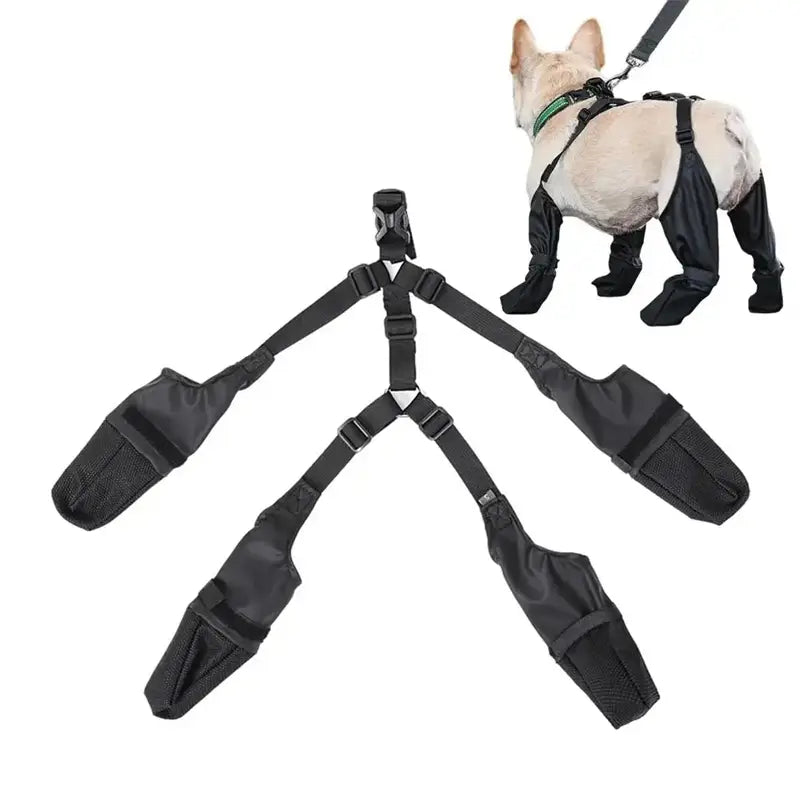 black adjustable dog shoes with four padded waterproof leg covers designed for rainy weather protection