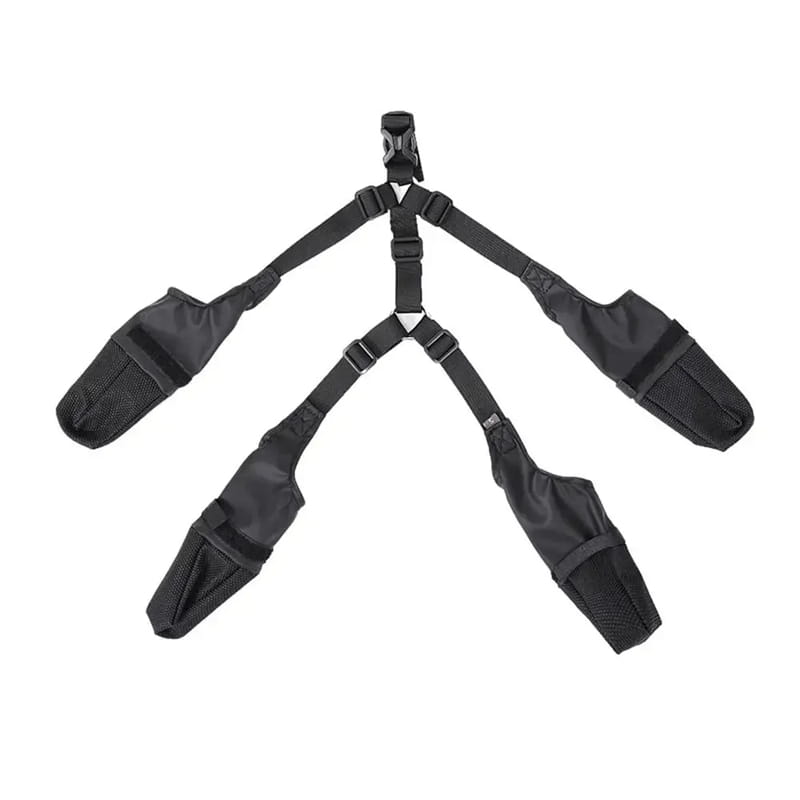 black nylon shoulder harness with four adjustable straps and mesh pockets designed as part of adjustable dog shoes for secure fit and comfort