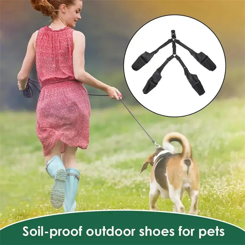 Black three-strap pet harness with adjustable buckles and padded sections for comfort featured alongside black waterproof adjustable dog shoes.