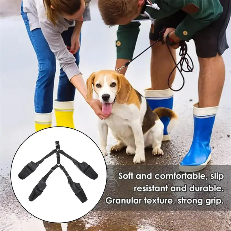 Black y-shaped dog leash with granular texture for strong grip and slip resistance paired with black waterproof adjustable dog shoes.