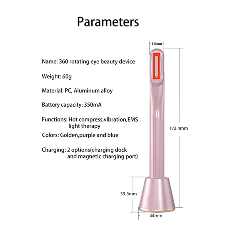 A sleek rose gold 5-in-1 360 degrees rotary eye massage wand with a slim tapered design and illuminated red light tip providing therapeutic warmth.