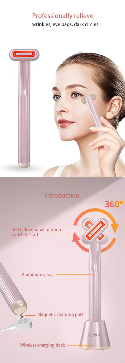 Pink rose gold 5-in-1 360 degrees rotary eye massage wand with therapeutic warmth featuring a sleek aluminum alloy body and magnetic charging port.