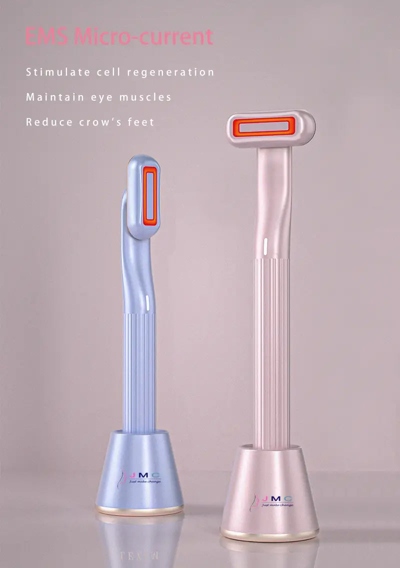 two sleek ems micro-current 5-in-1 360 degrees rotary eye massage wands in light blue and rose gold with rectangular orange-accented treatment heads featuring therapeutic warmth for facial care