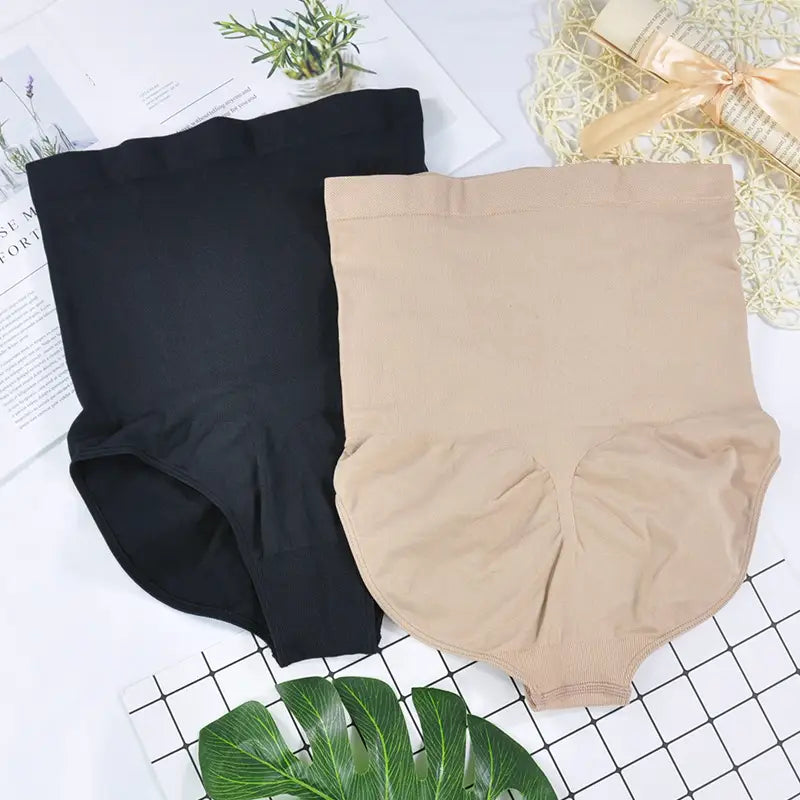 Black and beige high waisted ladies triangle seamless bodysuit with smooth stretchy fabric and seamless waist pants design.