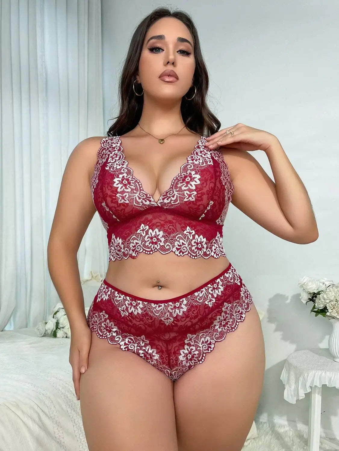 red floral plus size lace underwear suit featuring a red lace lingerie set with white floral embroidery
