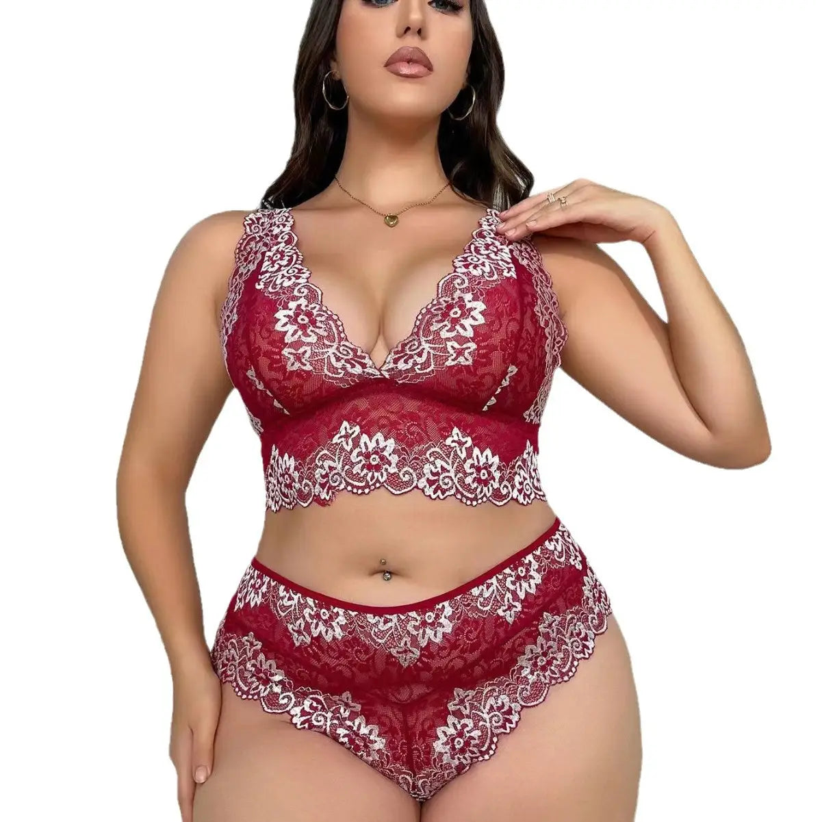 red and white floral plus size lace underwear suit featuring delicate lace material in a stylish lingerie set