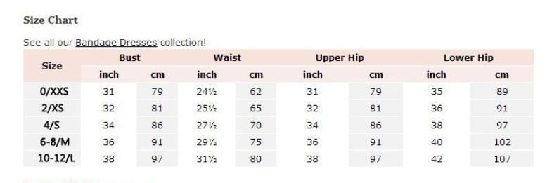 Size chart for the shiny rhinestone tube high slit skirt bandage suit displaying measurements in inches and centimeters across sizes 0/xxs to 10-12/l.