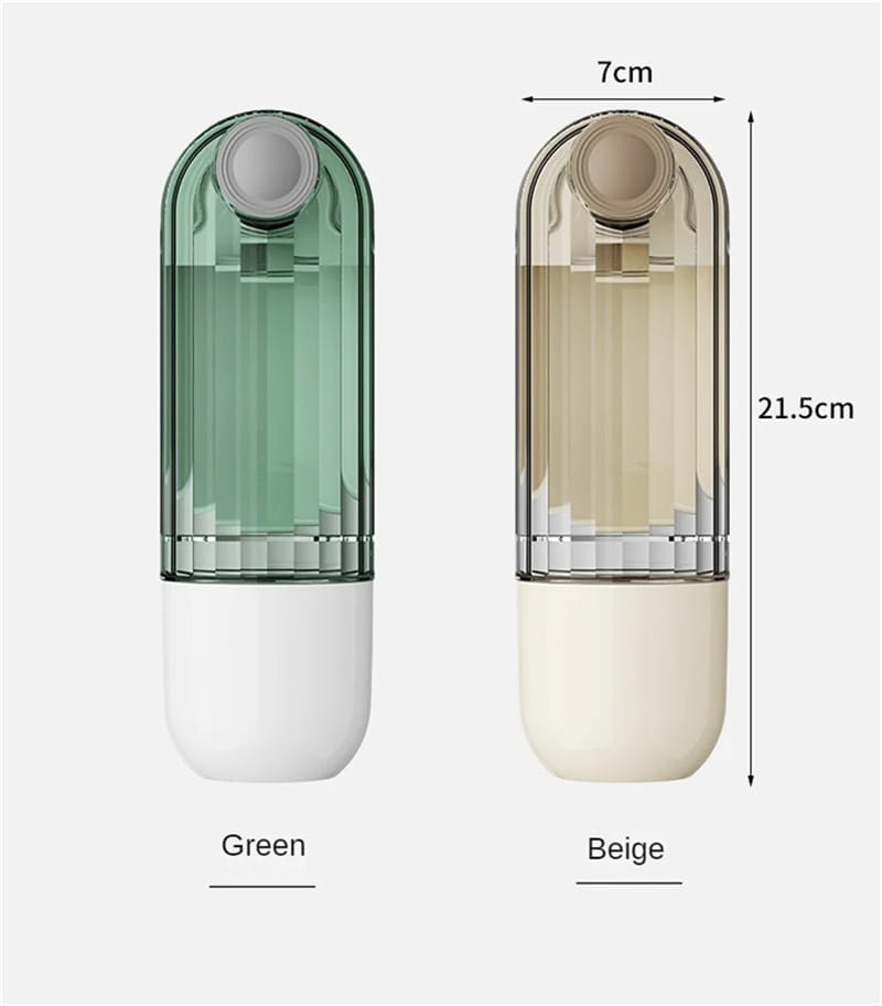 two translucent capsule-shaped pet water cups with white bases and rounded top caps in green and beige for portable dog walking use in the water cup segment.