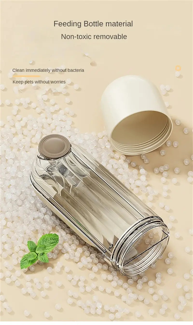 Clear ribbed plastic pet water cup with a white screw-on cap and matching lid designed for portable green dog walking use in the water cup segment