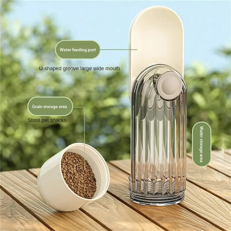 Transparent ribbed glass pet water cup with a white plastic lid and handle, featuring a water cup segment and grain storage area for dog walking use.