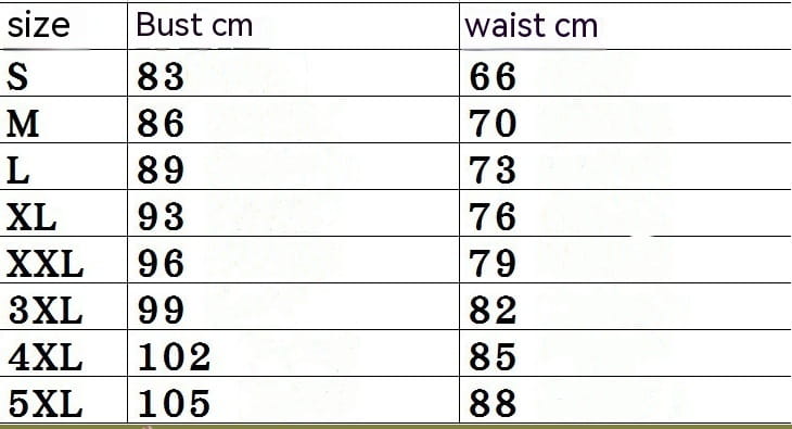 Size chart for yellow satin solid color performance skirt showing bust and waist measurements in centimeters for sizes s through 5xl.
