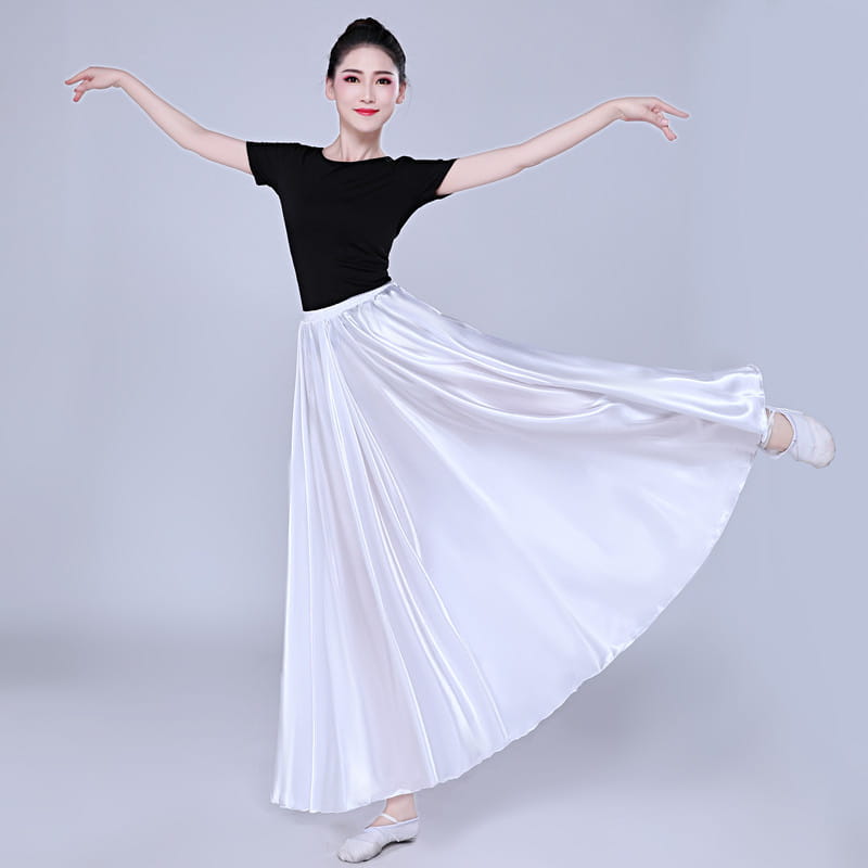 a flowing white satin simple solid color ballet skirt with a smooth reflective surface and a high waistband ideal for solid color performance use