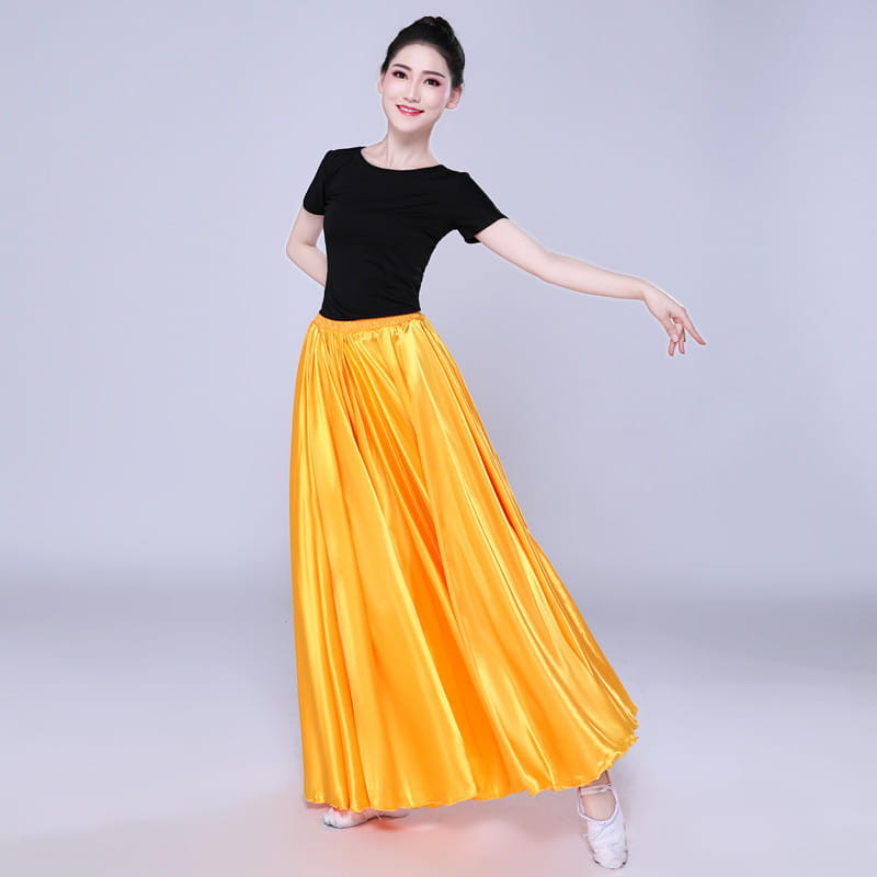 a flowing bright yellow satin solid color performance skirt with a high waist and pleated design for dance and stage use