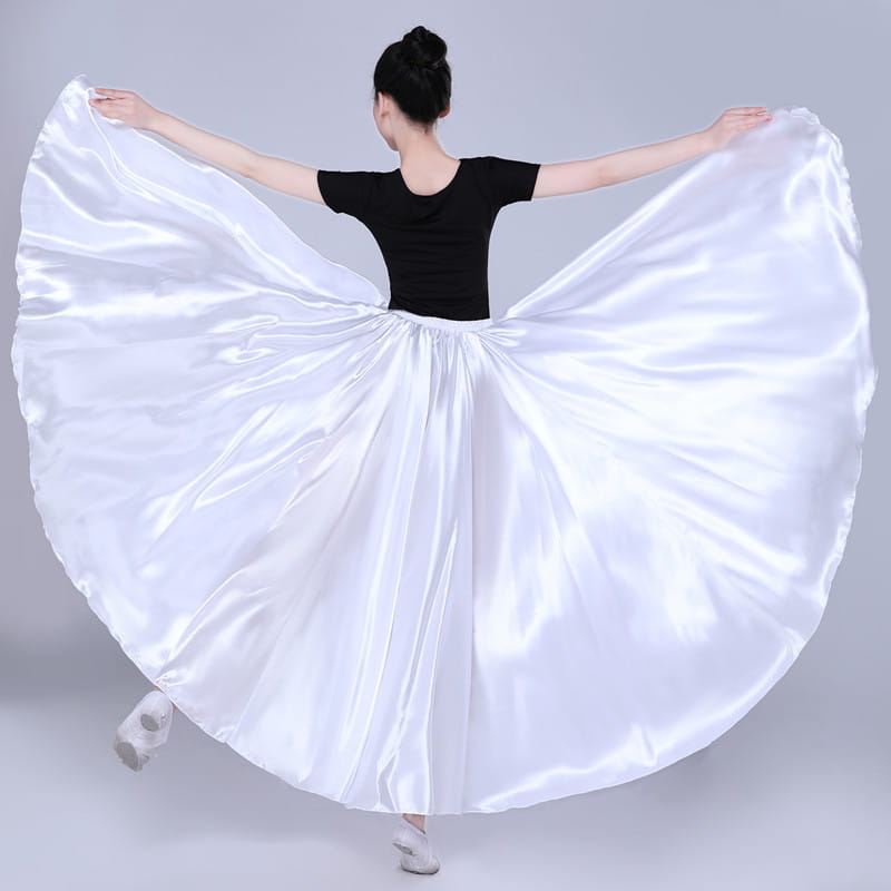 yellow satin solid color performance skirt with a simple solid color white satin dance skirt featuring a flowing wide hem and elastic waistband.