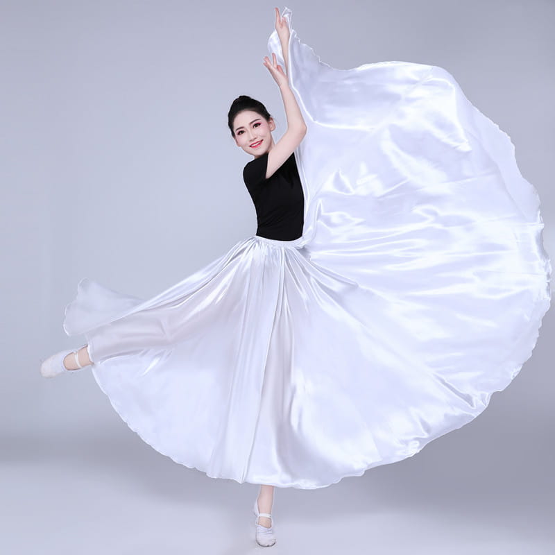 A flowing white satin ballet skirt with a high waist and full billowing silhouette designed as a simple solid color performance skirt.